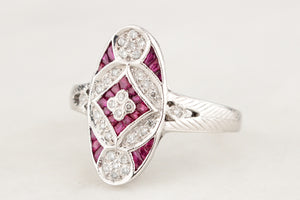 LATE ART DECO c1940 DIAMOND & RUBY RING 18CT WHITE GOLD