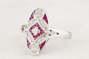 LATE ART DECO c1940 DIAMOND & RUBY RING 18CT WHITE GOLD