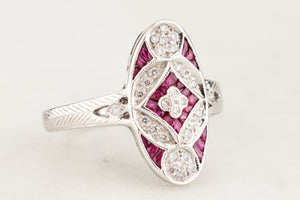 LATE ART DECO c1940 DIAMOND & RUBY RING 18CT WHITE GOLD