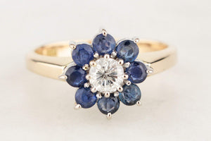 VINTAGE c1940 CEYLON SAPPHIRE & DIAMOND FLORAL CLUSTER RING 14ct GOLD