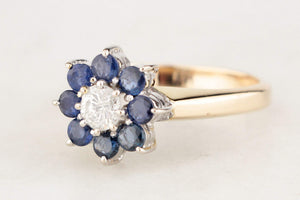 VINTAGE c1940 CEYLON SAPPHIRE & DIAMOND FLORAL CLUSTER RING 14ct GOLD