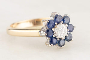 VINTAGE c1940 CEYLON SAPPHIRE & DIAMOND FLORAL CLUSTER RING 14ct GOLD