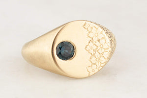 BESPOKE TEAL SAPPHIRE ETCHED SIGNET RING 9CT GOLD
