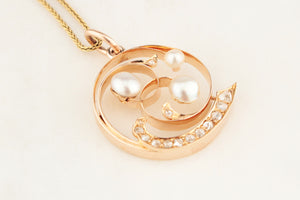 ANTIQUE ART NOUVEAU DIAMOND & PEARL PENDANT 10ct ROSE GOLD