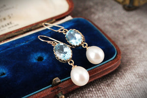 VINTAGE TOPAZ AND PEARL EARRINGS 9ct GOLD