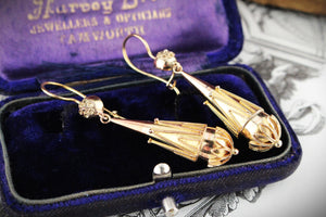 ANTIQUE VICTORIAN c1880 ETRUSCAN REVIVAL DROP EARRINGS 9ct GOLD