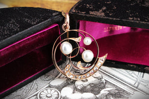 ANTIQUE ART NOUVEAU DIAMOND & PEARL PENDANT 10ct ROSE GOLD