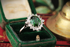 VINTAGE c1930 GREEN TOURMALINE & DIAMOND RING 18ct WHITE GOLD
