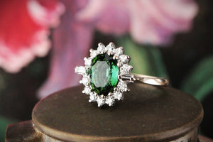 VINTAGE c1930 GREEN TOURMALINE & DIAMOND RING 18ct WHITE GOLD