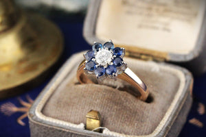 VINTAGE c1940 CEYLON SAPPHIRE & DIAMOND FLORAL CLUSTER RING 14ct GOLD