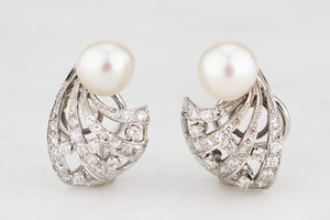 VINTAGE 1940s PEARL & 1.14ct DIAMOND EARRINGS 14ct GOLD