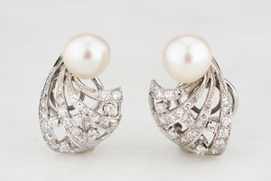 VINTAGE 1940s PEARL & 1.14ct DIAMOND EARRINGS 14ct GOLD