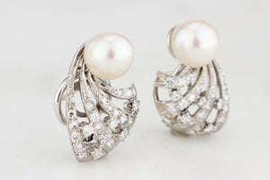 VINTAGE 1940s PEARL & 1.14ct DIAMOND EARRINGS 14ct GOLD