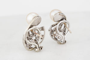 VINTAGE 1940s PEARL & 1.14ct DIAMOND EARRINGS 14ct GOLD