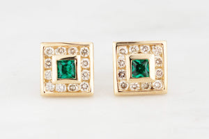 CONTEMPORARY EMERALD & DIAMOND EARRINGS 9ct GOLD