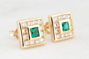 CONTEMPORARY EMERALD & DIAMOND EARRINGS 9ct GOLD