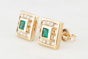 CONTEMPORARY EMERALD & DIAMOND EARRINGS 9ct GOLD