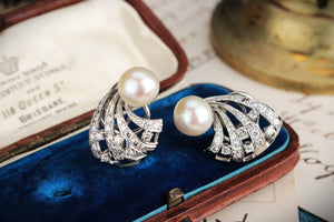 VINTAGE 1940s PEARL & 1.14ct DIAMOND EARRINGS 14ct GOLD