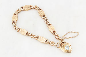ANTIQUE EDWARDIAN ETCHED LINK BRACELET WITH FILIGREE TOPAZ HEART 9ct GOLD