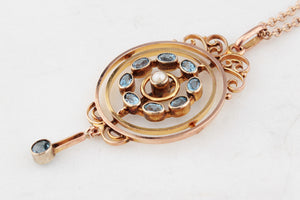 ANTIQUE EDWARDIAN AQUAMARINE & PEARL PENDANT AND CHAIN 9ct GOLD