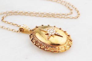 ANTIQUE VICTORIAN CELESTIAL SEED PEARL LOCKET 9ct GOLD