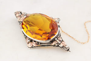 ANTIQUE AUSTRALIAN ARTS & CRAFTS CITRINE BROOCH STERLING SILVER & 9ct GOLD