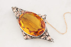 ANTIQUE AUSTRALIAN ARTS & CRAFTS CITRINE BROOCH STERLING SILVER & 9ct GOLD