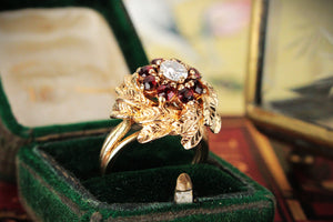 VINTAGE 1940’s DIAMOND & GARNET CLUSTER RING 14ct GOLD