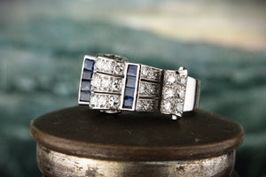 VINTAGE 1940’s SAPPHIRE & DIAMOND TANK RING PLATINUM