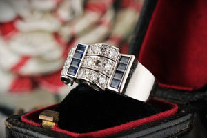 VINTAGE 1940’s SAPPHIRE & DIAMOND TANK RING PLATINUM