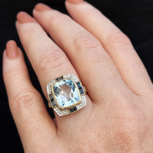 MODERN ART DECO STYLE TOPAZ SAPPHIRE & DIAMOND RING 9ct GOLD