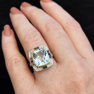 MODERN ART DECO STYLE TOPAZ SAPPHIRE & DIAMOND RING 9ct GOLD