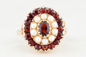 VINTAGE MID-CENTURY GARNET & PEARL RING 9ct GOLD