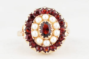 VINTAGE MID-CENTURY GARNET & PEARL RING 9ct GOLD