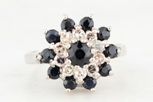 RETRO SAPPHIRE & DIAMOND CLUSTER RING 18ct WHITE GOLD