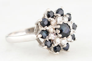 RETRO SAPPHIRE & DIAMOND CLUSTER RING 18ct WHITE GOLD