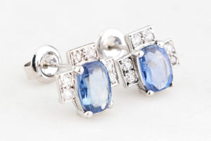 ART DECO 4ct CEYLON SAPPHIRE & DIAMOND EARRINGS 18ct GOLD