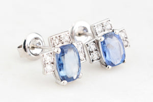 ART DECO 4ct CEYLON SAPPHIRE & DIAMOND EARRINGS 18ct GOLD