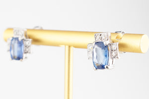 ART DECO 4ct CEYLON SAPPHIRE & DIAMOND EARRINGS 18ct GOLD