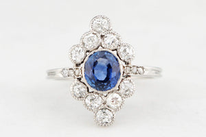 ANTIQUE ART DECO SAPPHIRE & DIAMOND RING 18ct WHITE GOLD