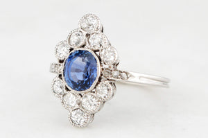 ANTIQUE ART DECO SAPPHIRE & DIAMOND RING 18ct WHITE GOLD