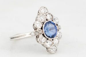 ANTIQUE ART DECO SAPPHIRE & DIAMOND RING 18ct WHITE GOLD