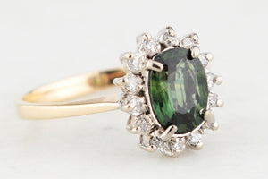 VINTAGE 1.1ct GREEN SAPPHIRE & DIAMOND CLUSTER RING 14ct GOLD