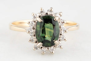 VINTAGE 1.1ct GREEN SAPPHIRE & DIAMOND CLUSTER RING 14ct GOLD