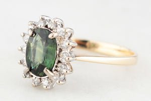 VINTAGE 1.1ct GREEN SAPPHIRE & DIAMOND CLUSTER RING 14ct GOLD