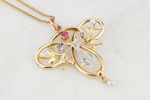ANTIQUE EDWARDIAN RUBY, PEARL & DIAMOND PENDANT 9ct GOLD