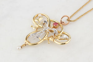 ANTIQUE EDWARDIAN RUBY, PEARL & DIAMOND PENDANT 9ct GOLD