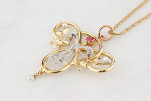 ANTIQUE EDWARDIAN RUBY, PEARL & DIAMOND PENDANT 9ct GOLD
