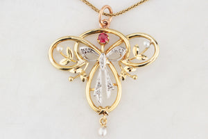 ANTIQUE EDWARDIAN RUBY, PEARL & DIAMOND PENDANT 9ct GOLD