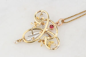 ANTIQUE EDWARDIAN RUBY, PEARL & DIAMOND PENDANT 9ct GOLD